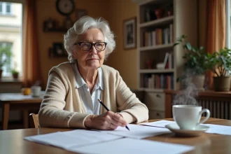 Femme retraitée consultant des documents notariaux pour un achat en viager à crédit dans son appartement