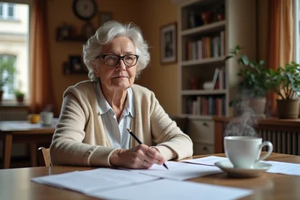 Femme retraitée consultant des documents notariaux pour un achat en viager à crédit dans son appartement