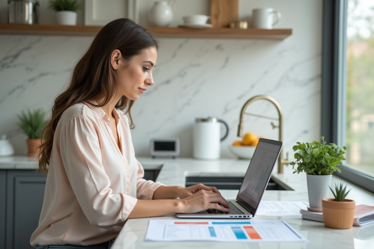 Femme utilisant un ordinateur pour analyser des revenus locatifs