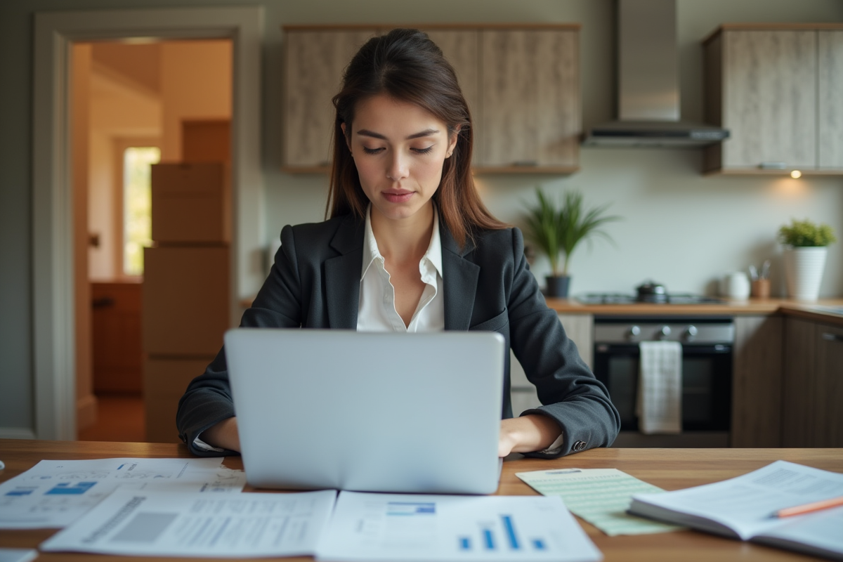Jeune femme vérifiant ses documents de déménagement à la cuisine