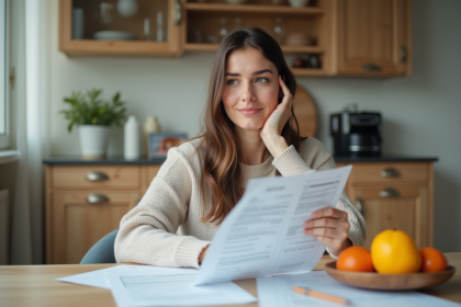 Femme dans sa cuisine examine des documents fiscaux avec espoir