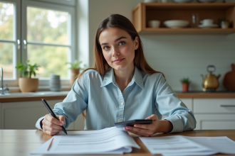Jeune femme concentrée examinant ses relevés de revenus locatifs