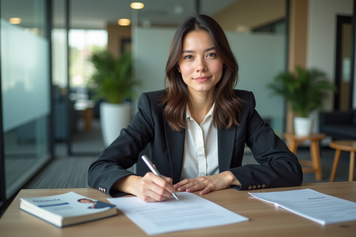 Jeune femme signant un document financier dans un bureau moderne