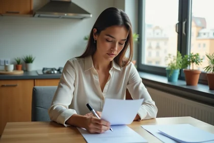 Femme signant une lettre dans une cuisine lumineuse