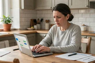 Femme consultant un simulateur de surloyer sur son ordinateur portable dans une cuisine moderne