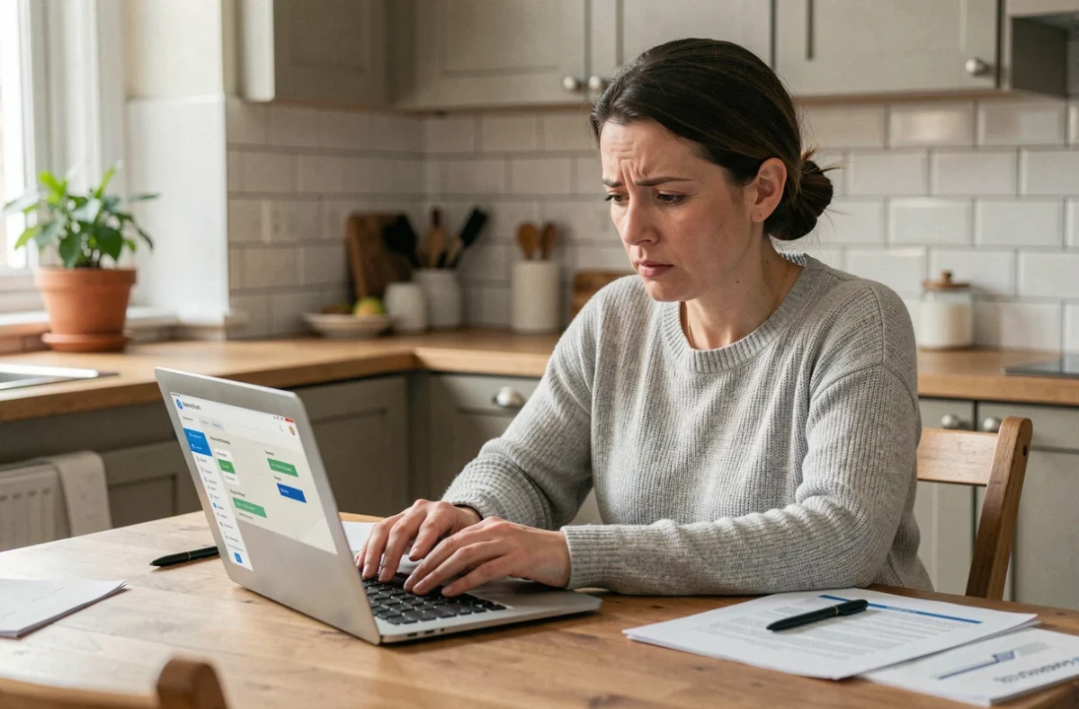Femme consultant un simulateur de surloyer sur son ordinateur portable dans une cuisine moderne