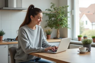 Femme souriante travaillant à la maison dans une cuisine moderne