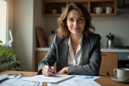 Femme pensant à ses finances dans une cuisine lumineuse