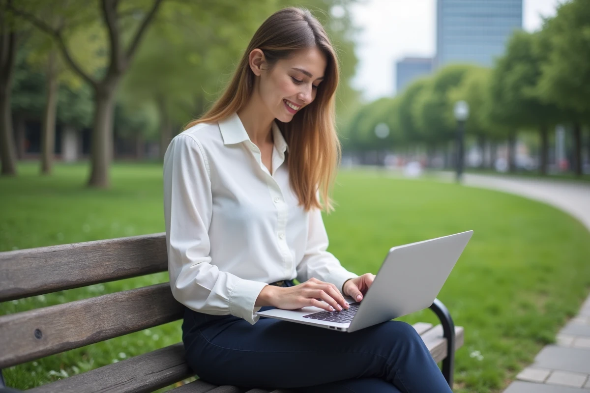 Jeune femme travaillant sur un ordinateur dans un parc urbain