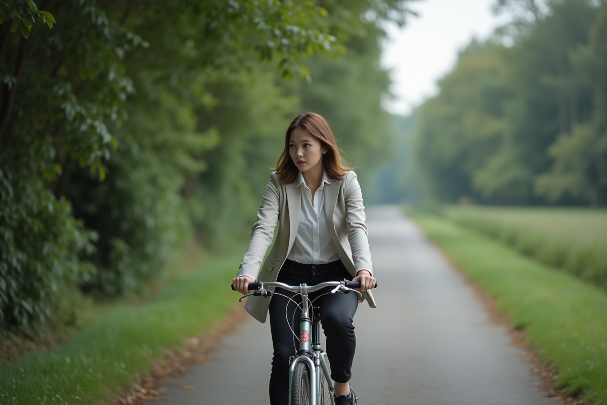 Jeune femme à vélo entre forêt et banlieue