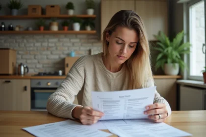 Femme concentrée vérifiant un contrat de location à la maison