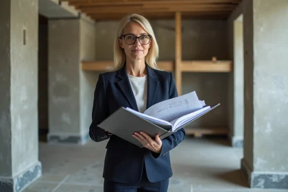 Gestionnaire de copropriété tenant un manuel de rénovation dans un hall d'immeuble en travaux