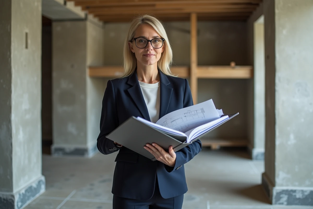 Gestionnaire de copropriété tenant un manuel de rénovation dans un hall d'immeuble en travaux