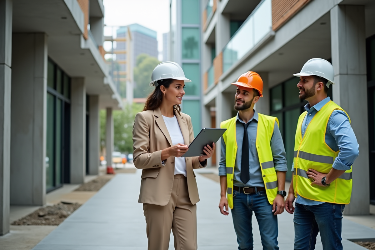 Femme gestionnaire discutant avec ouvriers sur un chantier