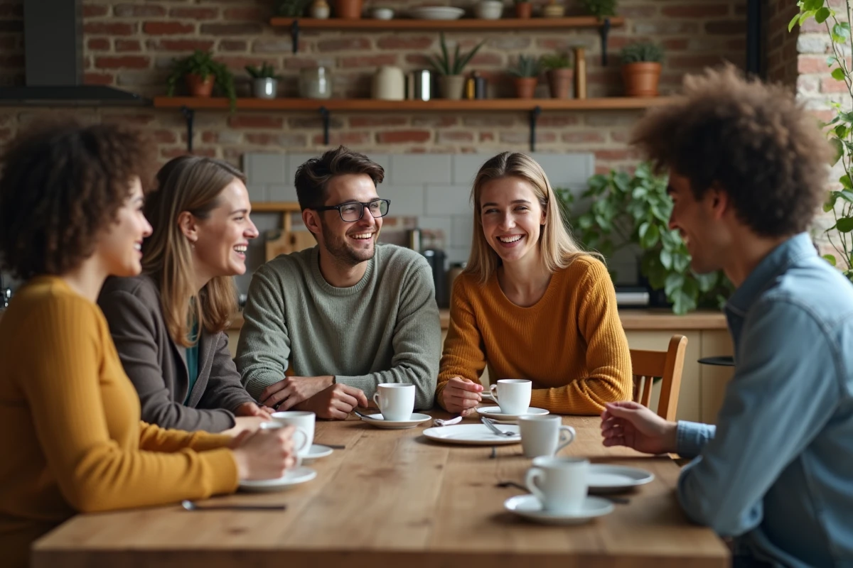 Groupe d'amis jeunes adultes partageant un repas convivial
