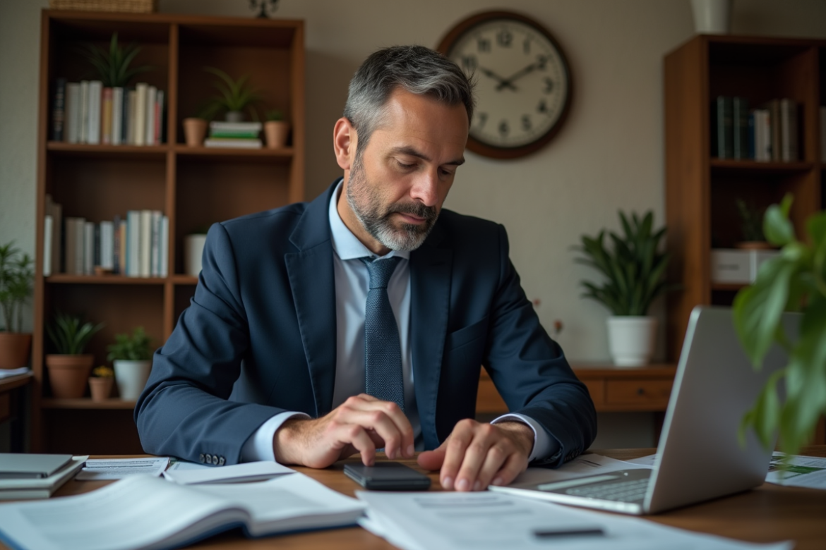 Homme en costume d'affaires utilisant un ordinateur dans un bureau organisé