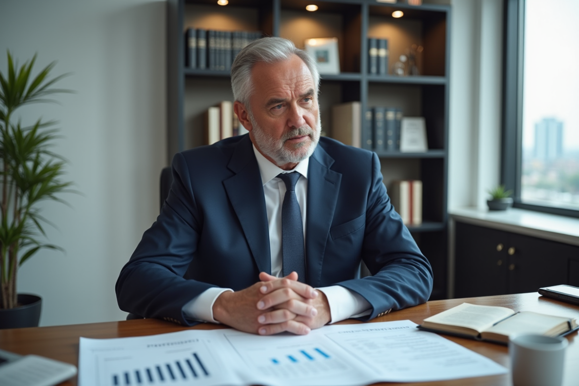 Homme d'affaires en costume bleu examinant des documents financiers