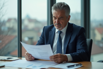 Homme d'affaires en costume bleu examinant des documents immobiliers