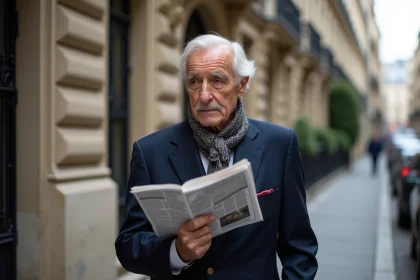 Homme agee parisien en costume devant une maison de luxe