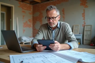 Homme d'âge moyen analysant plans d'architecture dans un espace moderne