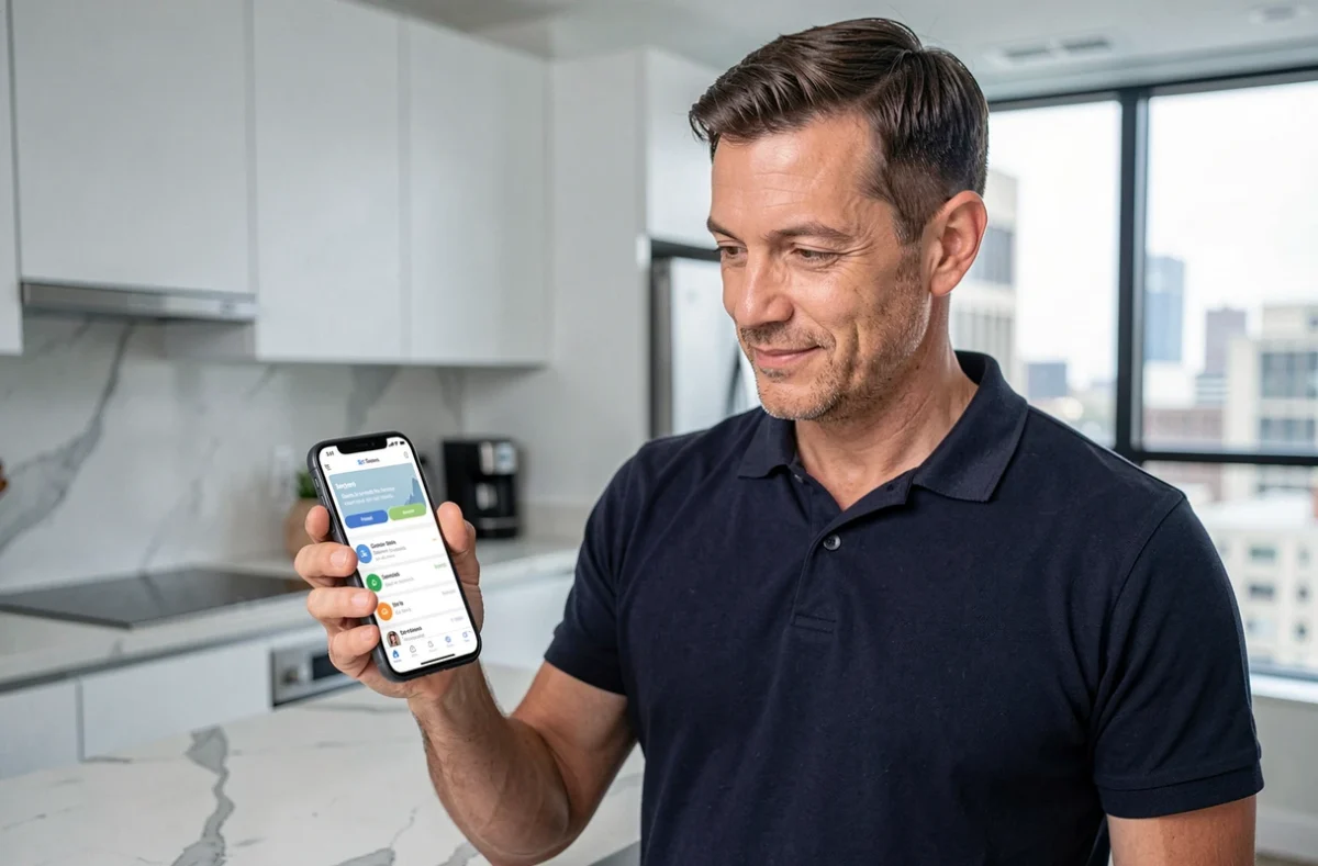Homme consultant son compte de services municipaux sur smartphone dans une cuisine moderne