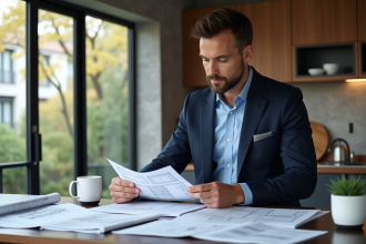 Homme en costume bleu analyse plans dans un appartement moderne