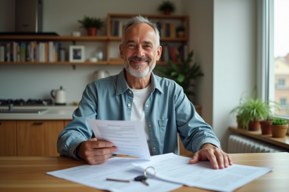 Homme d'âge moyen tenant des documents et clés dans une cuisine lumineuse
