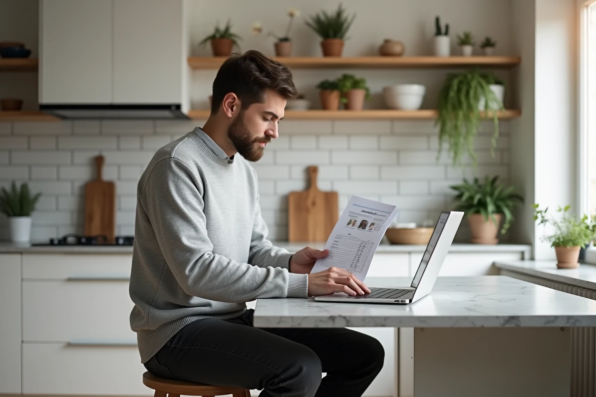 Homme consultant un outil de documents immobiliers en ligne depuis son appartement moderne