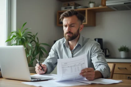 Homme seul vérifiant des documents de crédit immobilier en indivision à son bureau à domicile