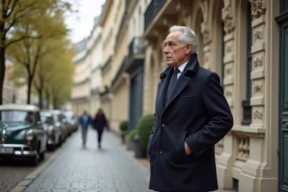 Homme élégant devant un immeuble haussmannien du 16e arrondissement de Paris, quartier aisé et discret