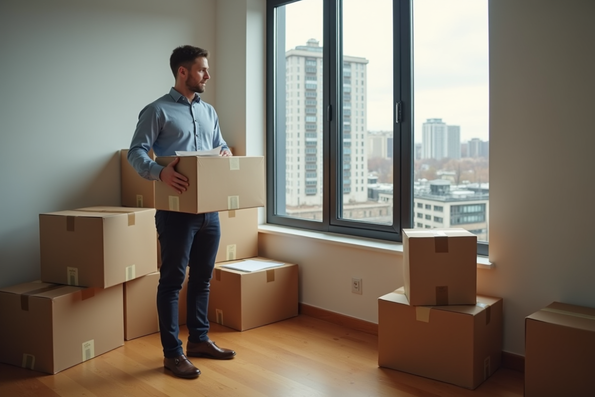 Homme en costume emballant des documents dans un appartement moderne