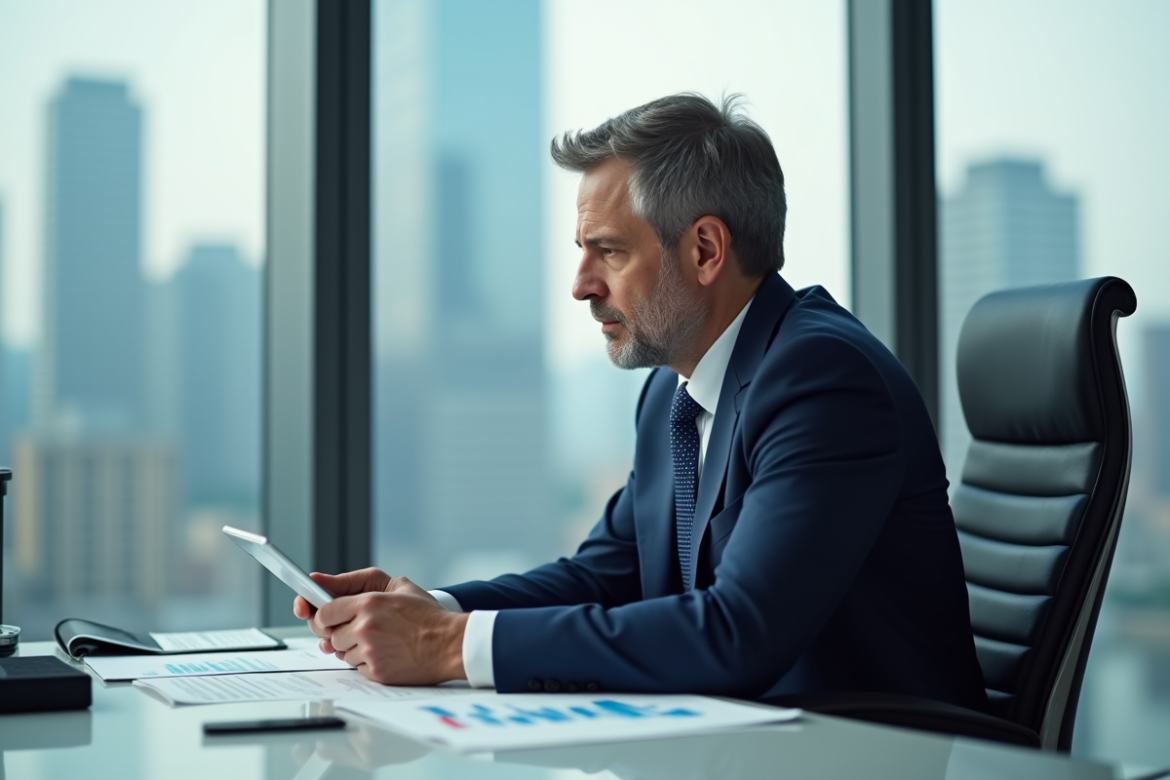 Homme d'affaires en costume bleu analysant des graphiques financiers
