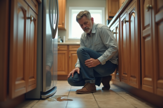 Homme d'âge moyen examine une fuite d'eau dans la cuisine