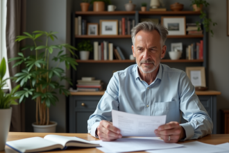 Homme d'âge moyen examinant documents immobiliers à la maison