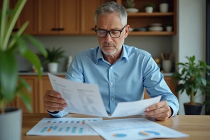 Homme d'âge moyen en tenue décontractée à la maison, examinant des documents fiscaux