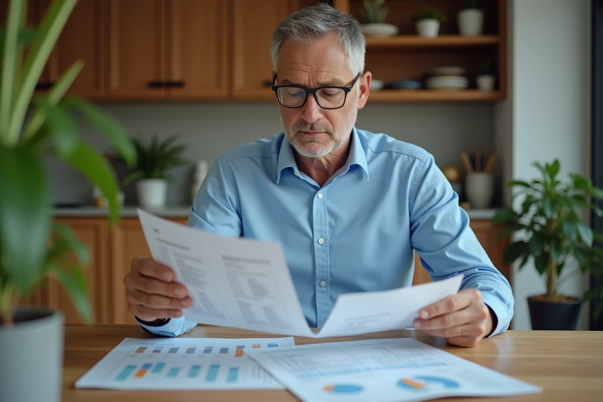 Homme d'âge moyen en tenue décontractée à la maison, examinant des documents fiscaux