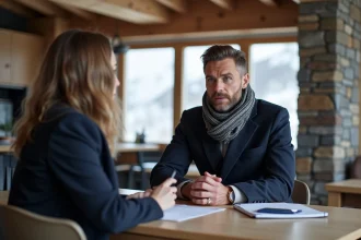Homme en manteau bleu parlant avec agent immobilier dans appartement alpin