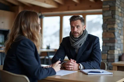 Homme en manteau bleu parlant avec agent immobilier dans appartement alpin