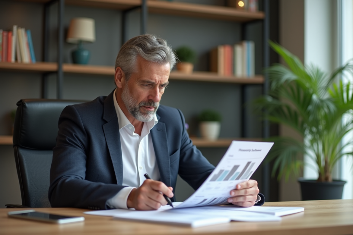 Homme d'affaires étudiant des brochures immobilières