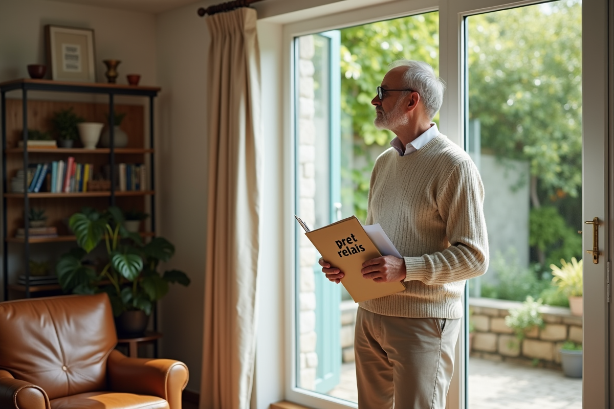 Homme senior regardant par la fenêtre avec dossier prêt relais