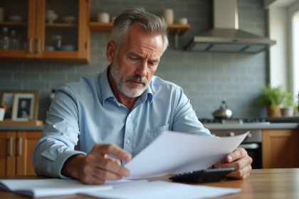 Homme d'âge moyen examinant des documents de prêt à la maison