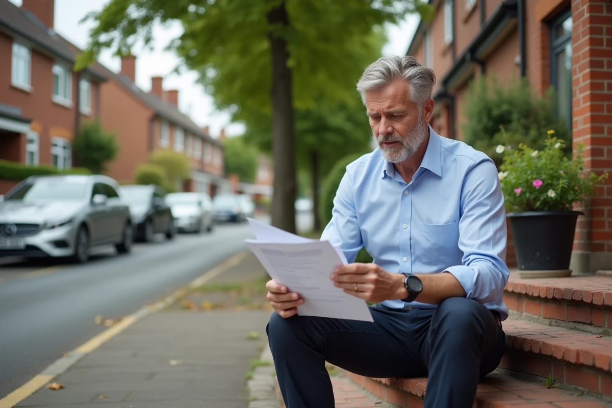 Homme lisant des documents financiers devant sa maison