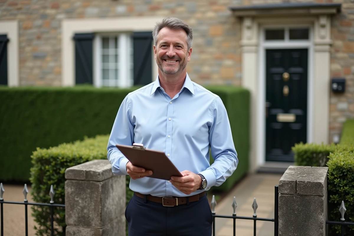Homme souriant devant une maison à Le Havre avec un clipboard