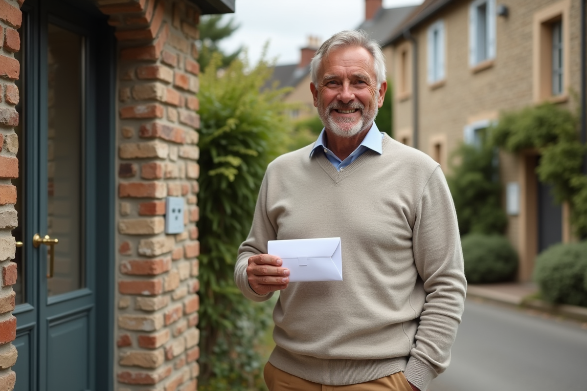 Homme satisfait devant une petite poste avec une lettre de changement d