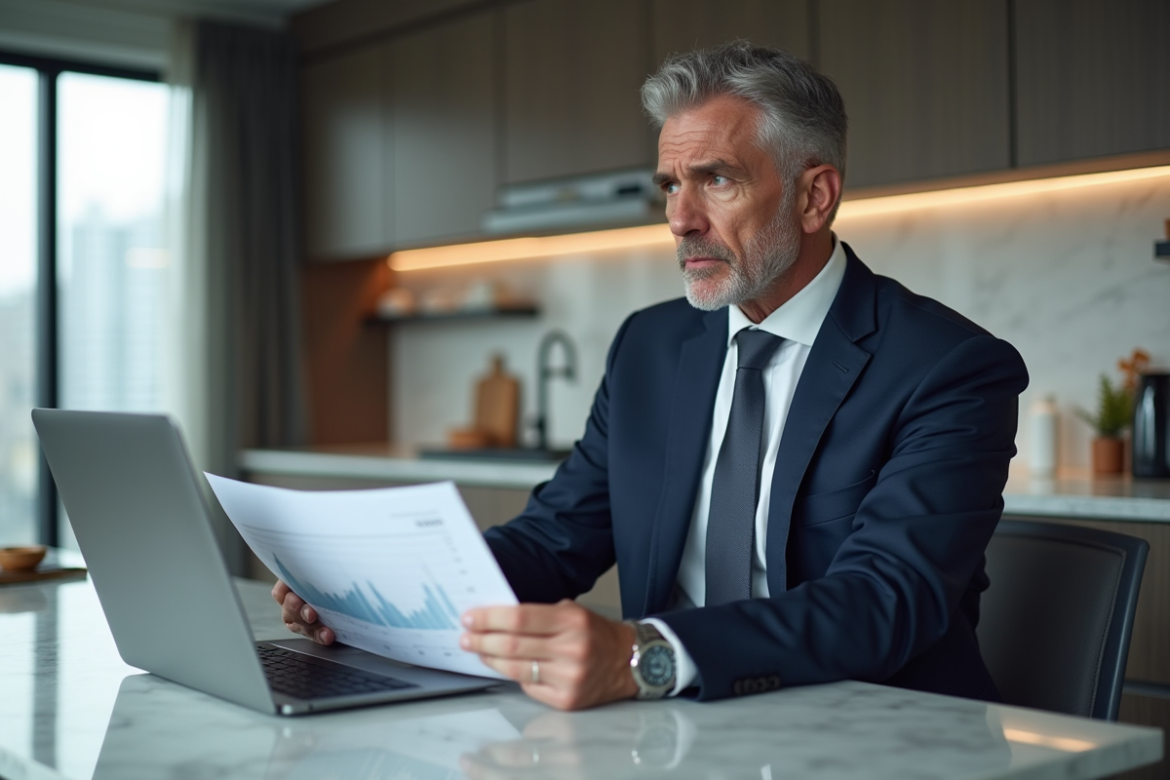 Homme d'âge moyen en costume bleu avec documents prêt immobilier