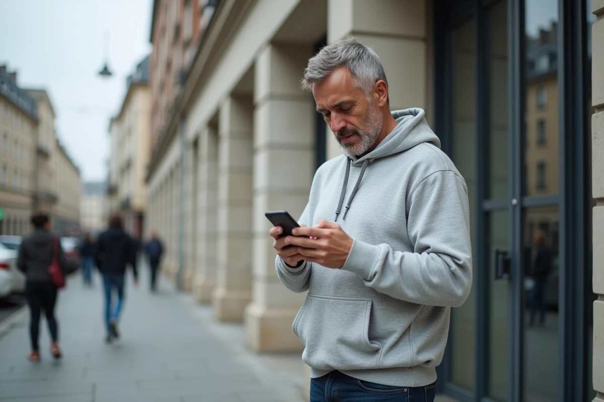 Homme utilisant son téléphone pour rechercher un logement social devant un bâtiment administratif