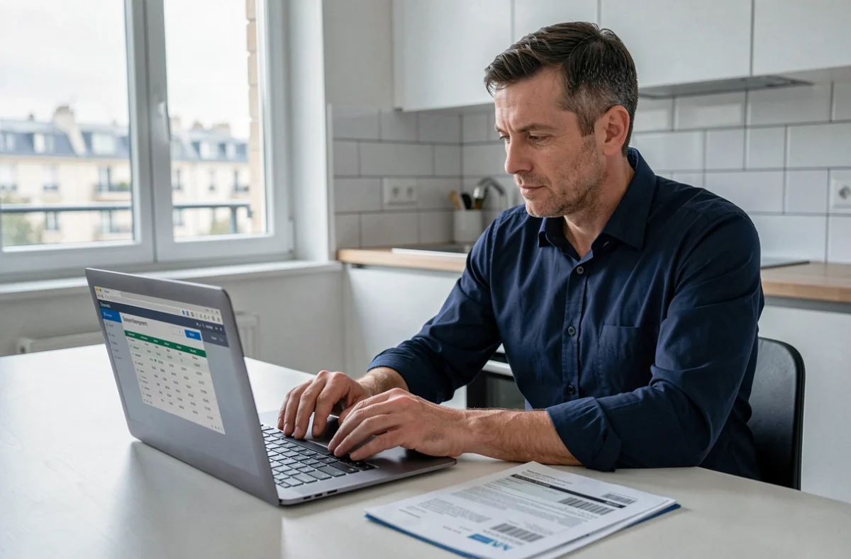 Homme comparant sa quittance de loyer et les charges sur un portail de gestion locative en ligne