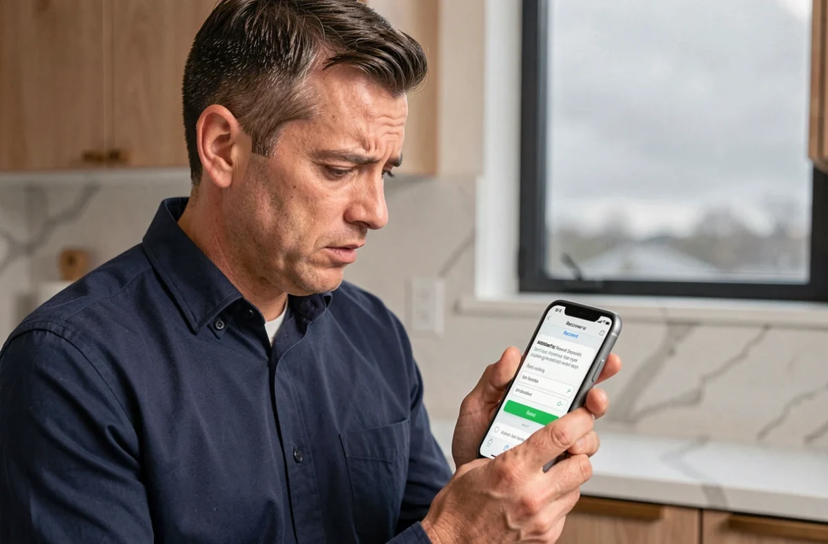 Homme consultant son téléphone pour réinitialiser son mot de passe sur un portail client
