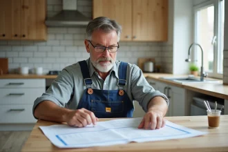 Homme en overalls examine plans de renovation dans une cuisine moderne