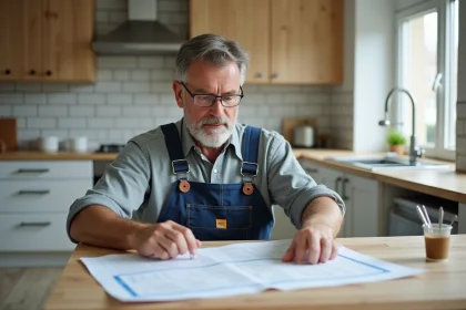 Homme en overalls examine plans de renovation dans une cuisine moderne